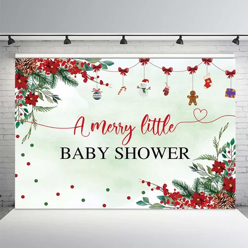 Miniatura 2 de MEHOFOND Telón de fondo de Navidad de 7 x 5 pies para baby shower con texto en inglés "A Merry Little Baby Shower Decoraciones", pancarta roja