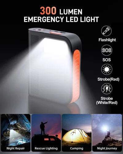 Miniatura 4 de Arrancador de batería con compresor de aire para automóvil, paquete de energía portátil de 10000mAh 150PSI inflador de neumáticos, carga USB, luz