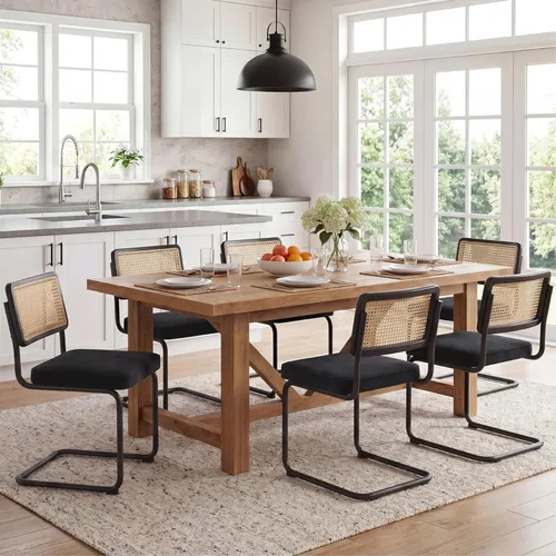 Miniatura 27 de Zesthouse Juego de 4 sillas de comedor de ratán natural, sillas de comedor modernas de mediados de siglo con respaldo de madera maciza y base