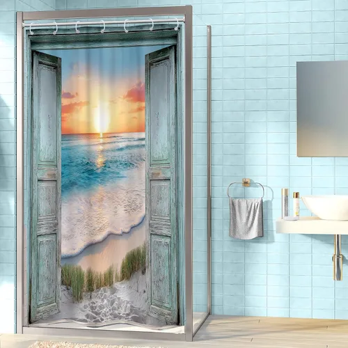 Miniatura 2 de Riyidecor Cortina de ducha para puerta de granero verde azulado para decoración de baño, 36 pulgadas de ancho x 72 pulgadas de alto, paisaje