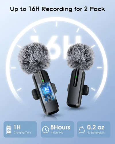 Miniatura 5 de Mini micrófono inalámbrico para iPhone, micrófono Bluetooth Lavalier para grabación de video, paquete de 2 micrófonos de solapa con clip