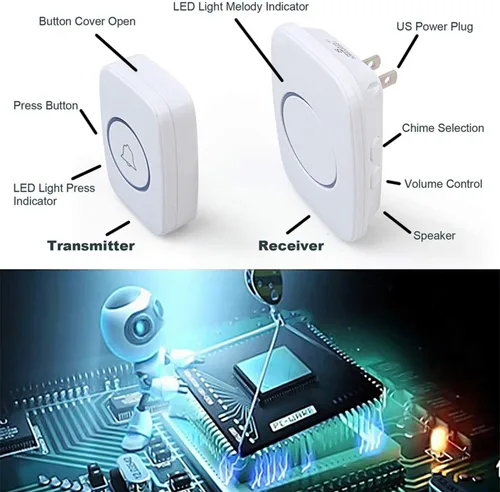 Miniatura 4 de Timbre inalámbrico. Equipo de timbre para puerta, resistente al agua, con 1 receptor y 1 botón a presión con transmisor. Funciona a 500 pies. Con