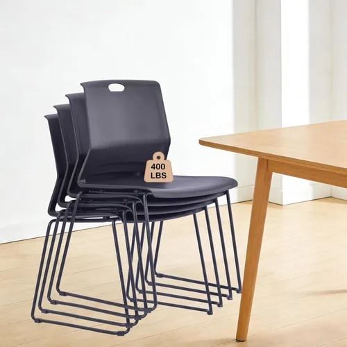 Juego de 4 sillas apilables negras con base de trineo de metal moderno, sillas de oficina apilables con asiento ancho de plástico para sala de