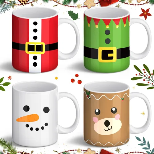 Nitial Juego de 4 tazas de café navideñas de 12 onzas, regalo a granel para mujeres y hombres, decoración para cocina, oficina, hogar (muñeco de