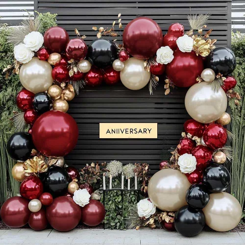 Kit de arco de globos color burdeos y negro, doble relleno, color granate, rojo oscuro, perla, blanco, arena, dorado, guirnalda de globos para