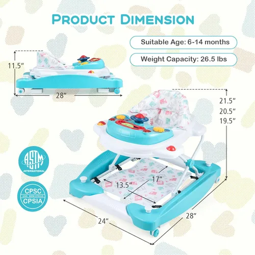Miniatura 7 de BABY JOY Andador de bebé 6 en 1, andador plegable con ruedas, altura ajustable, música, luces, modo gorila y balancín, andadores de bebé para niños
