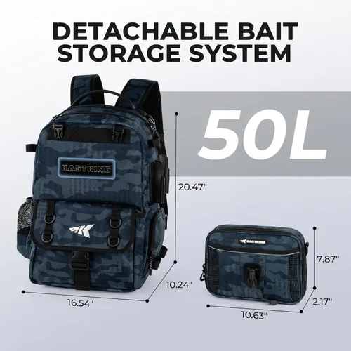 Miniatura 3 de KastKing BaitSpace 50L Mochila para equipo de pesca con encuadernador de cebo removible, 2 soportes para cañas, almacenamiento para equipo y G