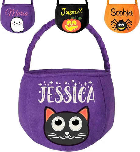 Miniatura 12 de Cubo personalizado de Halloween con nombre, cesta de dulce o truco de Halloween, regalo personalizado para niños y niñas, color negro