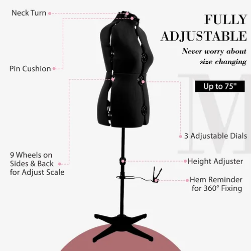Miniatura 7 de formas de vestido para costura, maniquí femenino negro ajustable talla 12-18, cuerpo de modelo con capacidad de engrapado con 13 diales y guía