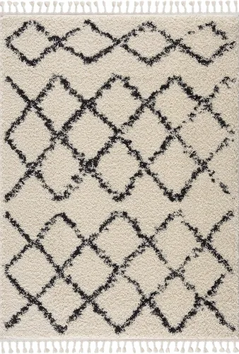 Miniatura 69 de Hauteloom, Duncans - Alfombra de estilo granja de pelo mullido para sala y dormitorio, con borlas - Beige, carbón, gris - 2 pies 7 pulgadas x 7 pies