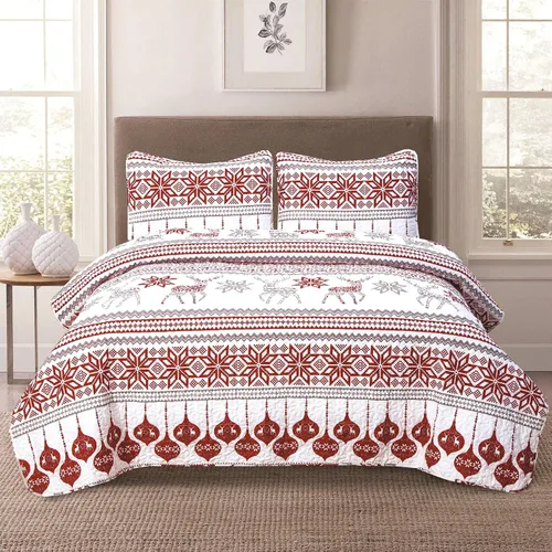 Miniatura 3 de HowPlum Christmas Cheer Winter Script Edredón Ligero de Vacaciones Juego de Ropa de Cama Full/Queen, Rojo Verde Blanco
