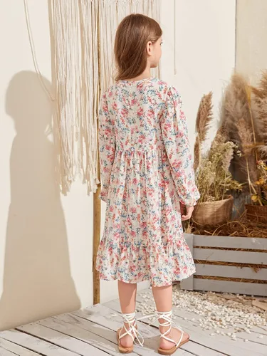 Miniatura 2 de WDIRARA Vestido midi de manga larga con estampado floral para niña, cuello redondo, dobladillo con volantes