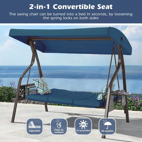 Miniatura 2 de ZZW Columpio de porche al aire libre de 3 asientos con soporte, columpio de patio con toldo, cama de columpio de porche 2 en 1 y silla columpio