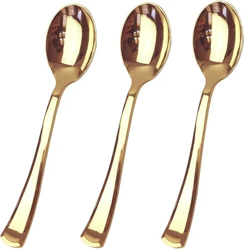 Miniatura 11 de Juego de cubiertos de plástico dorado de 120 piezas, reutilizables y reciclables, utensilios de plástico dorado para bodas, aniversarios, duchas