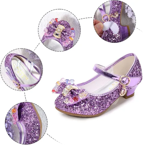 Miniatura 3 de Zapatos de princesa para niños y niñas, con lentejuelas y diamantes de imitación, zapatos de baile de cristal para niños (morado, 5 años)