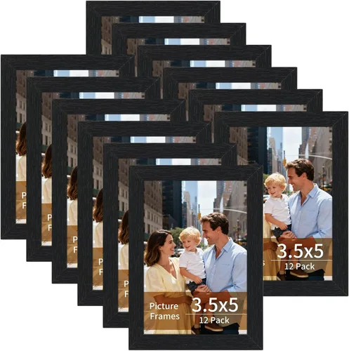 Lyeasw Marcos para Fotos de 3.5x5 Negro Paquete de 12, Marco para Fotos de 3.5 x 5 Grano de Madera Mate, Marcos a Granel de 3.5 por 5 para Colgar en