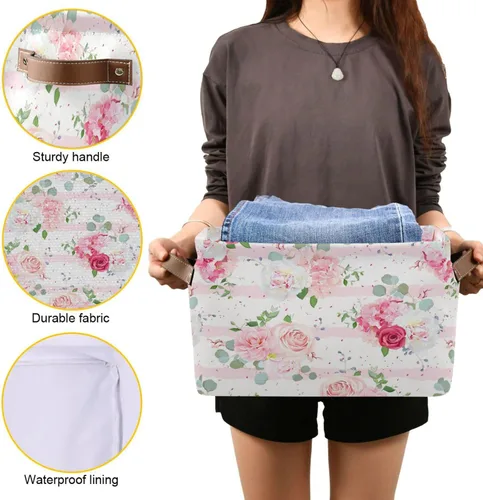Miniatura 7 de Cesta de almacenamiento plegable con asas de cuero, con estampado de flores florales, organizador para estante Bethroom, armario, oficina, hogar, 1