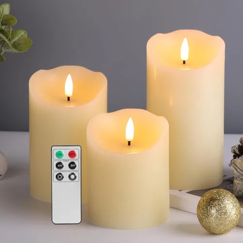 Miniatura 13 de Eywamage Velas de pilar sin llama de corteza de abedul con control remoto, velas LED rústicas parpadeantes con batería, juego de 3 Top plano