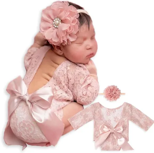 ForBaysy Accesorios de Fotografía para Recién Nacidos Conjunto de Niña Mameluco de Encaje a Juego con Linda Diadema de Flores Vestido para Recién