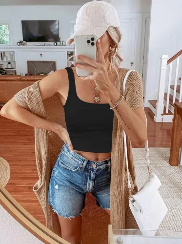 Miniatura 4 de REORIA - Ombliguera sin mangas y costuras, con doble forro, cuello cuadrado, sexy, para mujer y yoga