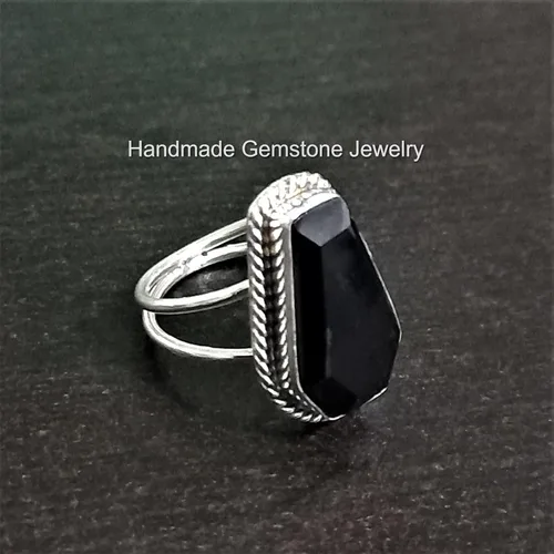 Miniatura 2 de Anillo de ataúd de ónix negro natural, chapado en plata de ley 925, piedra preciosa negra, declaración hecha a mano, piedra de ataúd, regalo