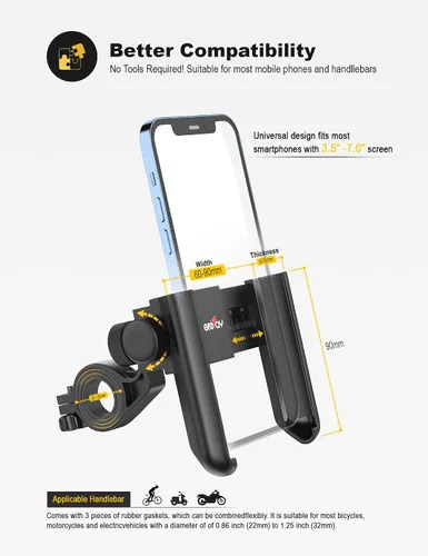 Miniatura 4 de Grefay Soporte universal de teléfono para manillar de motocicleta 【1S liberación rápida】 Abrazadera de teléfono de bicicleta antivibración