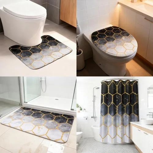 Miniatura 8 de BSSN Juego de 25 accesorios de baño negros y dorados con cortina de ducha y alfombras, basura, cepillo de inodoro, dispensador de jabón, soporte