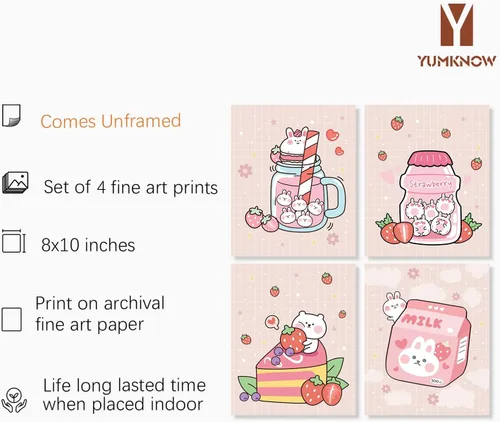 Miniatura 2 de Decoración de pared de anime japonés Kawaii para comedor, bonita decoración de cocina rosa, carteles estéticos de conejo y fresa, impresiones
