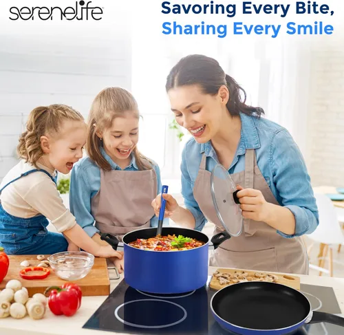 Miniatura 7 de SereneLife Juego de utensilios de cocina antiadherentes azules de 15 piezas, resistentes al calor, con tapas, apto para lavavajillas, incluye