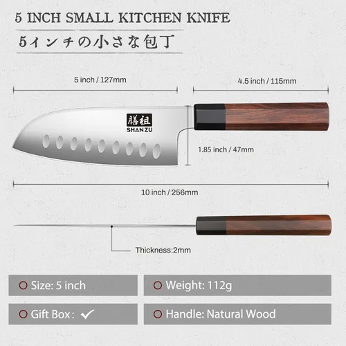 Miniatura 4 de SHAN ZU - Cuchillo Santoku de 5 pulgadas para manos pequeñas, cuchillo de cocina japonés de acero de alto carbono, cuchillos de chef afilados