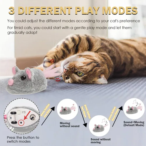 Miniatura 5 de Cat Toys - Ratón móvil recargable chirriante con cola mágica dinámica, mouse de juego automático interactivo para gatos de interior, juguetes Gris
