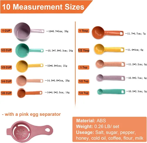 Miniatura 2 de Juego de tazas y cucharas medidoras de plástico, 10 piezas de herramientas de medición de cocina coloridas, grabadas métricas de EE. UU., taza