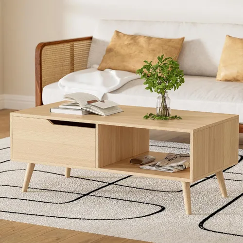 Miniatura 7 de DIYART Mesa de centro marrón, mesa de centro moderna de mediados de siglo con cajón y estante, mesa consola simple de madera de 39 pulgadas