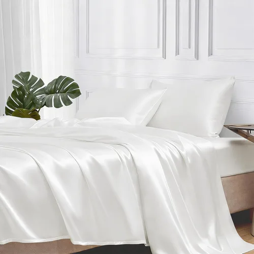 Miniatura 36 de MR&HM Sábanas de satén para cama de tamaño King, juego de 4 piezas de ropa de cama sedosa con bolsillo profundo de 15 pulgadas para colchón