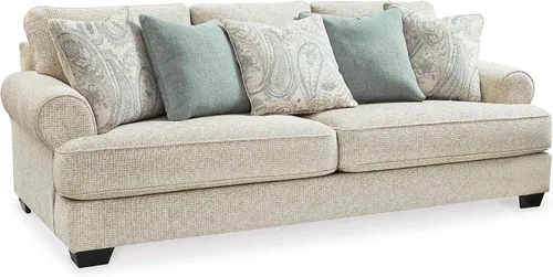 Signature Design by Ashley Monaghan - Sofá vintage con almohadas decorativas, cojines reversibles y brazos enrollados, color beige