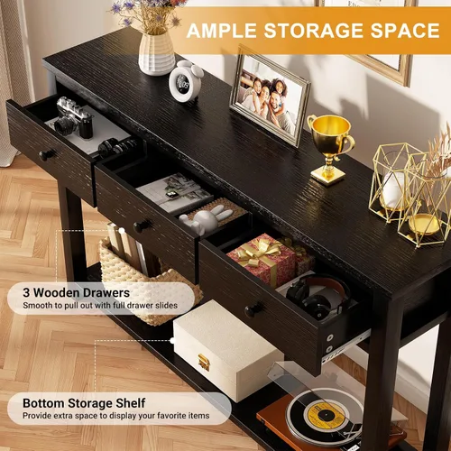 Miniatura 5 de Homieasy Mesa consola de granja con 3 cajones, mesa de sofá de madera de 47 pulgadas con estante de almacenamiento para sala de estar, detrás