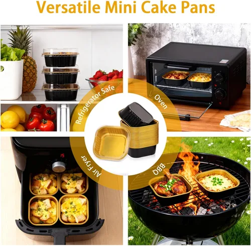 Miniatura 4 de FORBFAN Paquete de 150 mini moldes para pasteles de 10 onzas con tapas y cucharas, tazas cuadradas de postre de papel de aluminio negro y dorado