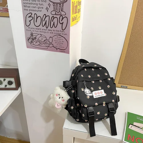 Miniatura 9 de Mochila estética Kawaii con colgante mini mochila para niñas, bonita mochila escolar japonesa, mochila con flores, Negro, S, Kawaii
