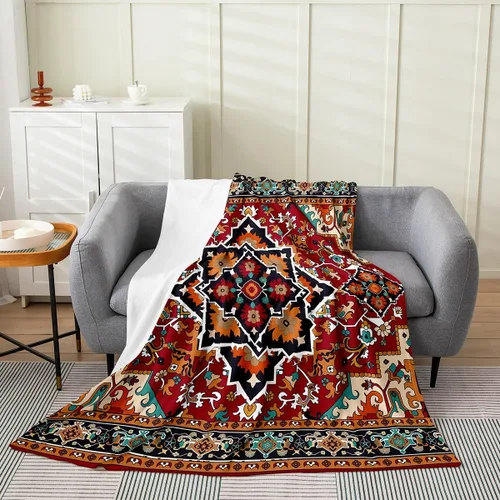 Miniatura 18 de Erosebridal Manta Bohemia de Tiro 40x50 Pulgadas, Retro Azul Amarillo Degradado Rojo Floral Bohemio Tribal de Vellón, Vintage Antiguo Enrejado