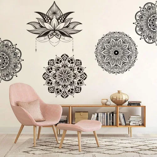 Miniatura 6 de Runtoo Calcomanía de pared con diseño de flor de mandala, diseño de loto bohemio dorado para sala de estar, dormitorio, cabecero de yoga, decoración