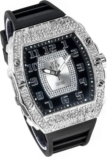 Miniatura 2 de Techno Pave Reloj helado de lujo para hombre con cristales simulados, bisel en forma de tonneau y correa de silicona ajustable, reloj de diamante