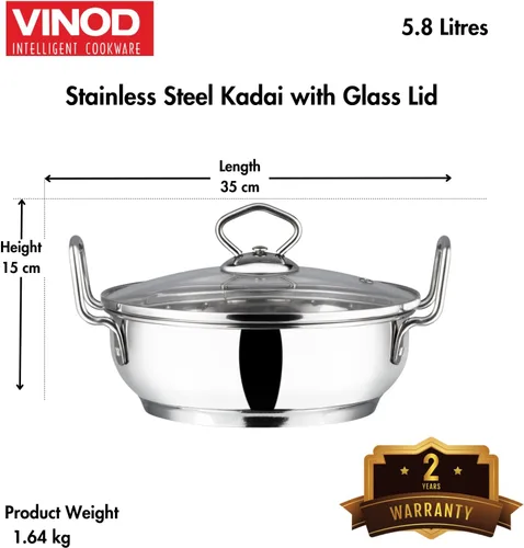 Miniatura 3 de Vinod Kadhai de acero inoxidable con tapa de vidrio – Apto para inducción (7.1 in/7 pulgadas) – 1.5 litros (1.7 cuartos de galón) – 6 tazas