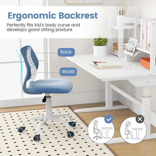Miniatura 9 de Giantex Silla de escritorio moderna para niños, silla de estudio sin brazos con altura ajustable, silla de oficina ergonómica con ruedas, silla