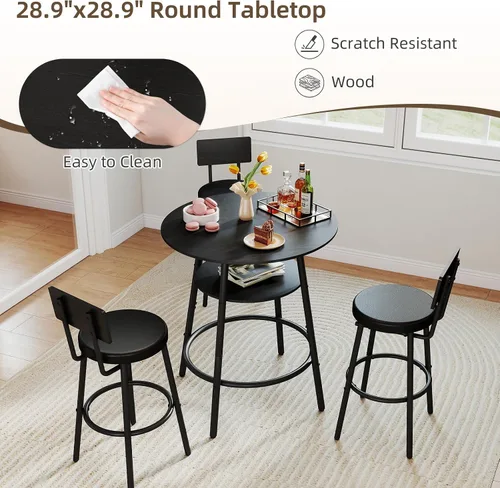 Miniatura 6 de Zevemomo Juego de mesa redonda de bar de 4 piezas de 28.9 pulgadas, juego de 3 taburetes de bar, mesa de bar de cocina negra, mesa de desayuno