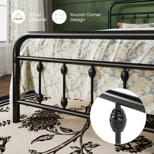 Miniatura 5 de SHA CERLIN Base de cama de plataforma de metal de tamaño matrimonial con cabecera y estribo de estilo victoriano, fácil montaje, almacenamiento Negro