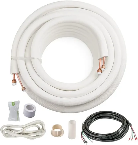 ICOOL Juego de mini línea dividida de 25 pies, tubos de cobre gemelos de 1/4 y 3/8 pulgadas de diámetro exterior, línea de cobre con aislamiento de