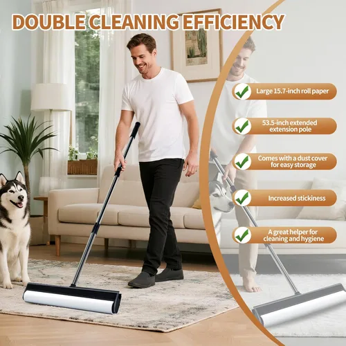 Miniatura 2 de Rodillos grandes de pelusa para alfombras, rodillos extra adhesivos de 15.74 pulgadas para suelo con 4 asas extensibles, trapeador adhesivo de mango