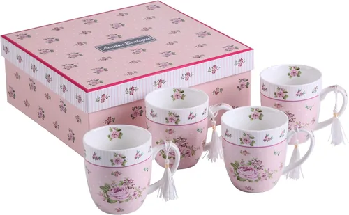 Miniatura 10 de London Boutique Juego de tazas de café de té, 4 porcelana, pájaro, rosa, mariposa, diseño Shabby Chic en caja de regalo, 11 oz
