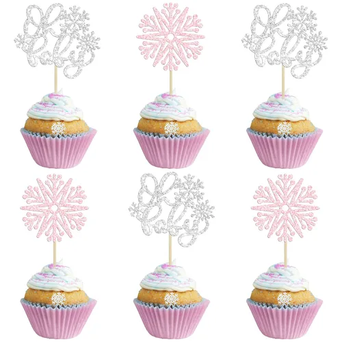 Miniatura 14 de Gyufise 24 adornos de copos de nieve Oh Baby para cupcakes con purpurina azul, decoración de pastel de baby shower congelado para baby shower