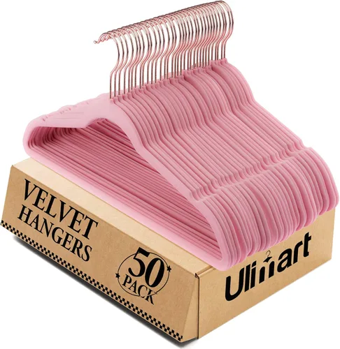 Perchas antideslizantes de terciopelo rosa, paquete de 50, no tóxico, duradero, ahorro de espacio, soporta hasta 15 libras